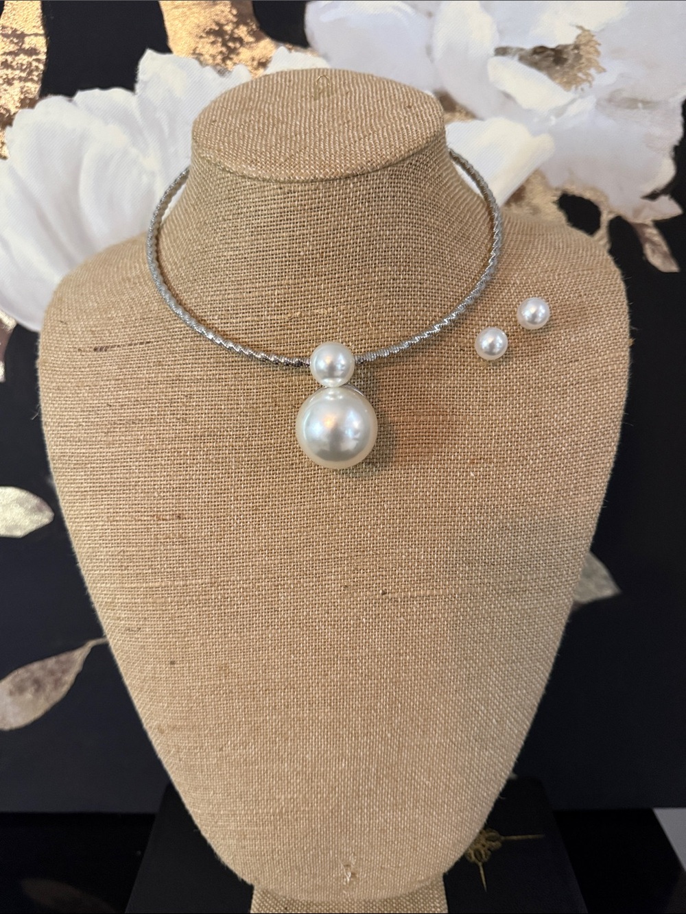 Classic Pearl Drop Necklace and Stud Earrings Set - Silver Tone